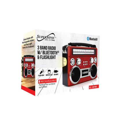 Supersonic Portable 3 Band Bluetooth Radio with Flashlight & 10 Hour