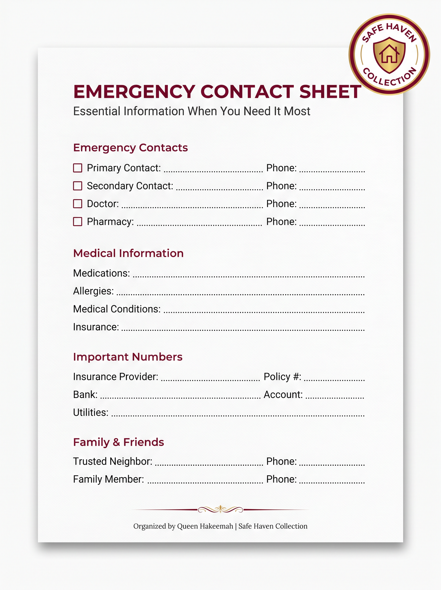 Emergency Contact Sheet