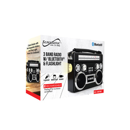 Supersonic Portable 3 Band Bluetooth Radio with Flashlight & 10 Hour